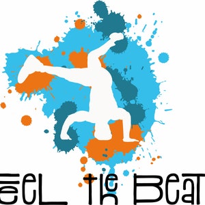Op de afbeelding: Een wit silhouet van een persoon die breakdance danst tegen een blauwe en oranje aquarel achtergrond. De tekst "Feel the Beat" staat onder het silhouet.