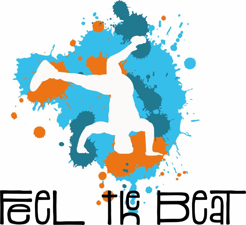 Op de afbeelding: Een wit silhouet van een persoon die breakdance danst tegen een blauwe en oranje aquarel achtergrond. De tekst "Feel the Beat" staat onder het silhouet.