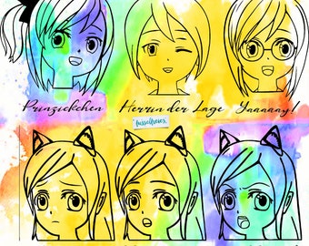 May include: A digital illustration of six anime-style characters with different expressions. The characters are drawn in black and white on a colorful watercolor background. The text "Prinzicken" is written below the first character, "Herrin der Lage" is written below the second character, "Yaaaaay!" is written below the third character, and "Manchmal leise, manchmal laut!" is written below the last three characters.