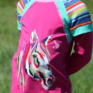 May include: A pink long-sleeved shirt with a colorful horse graphic. The shirt has a striped pattern on the sleeves and a turquoise trim.