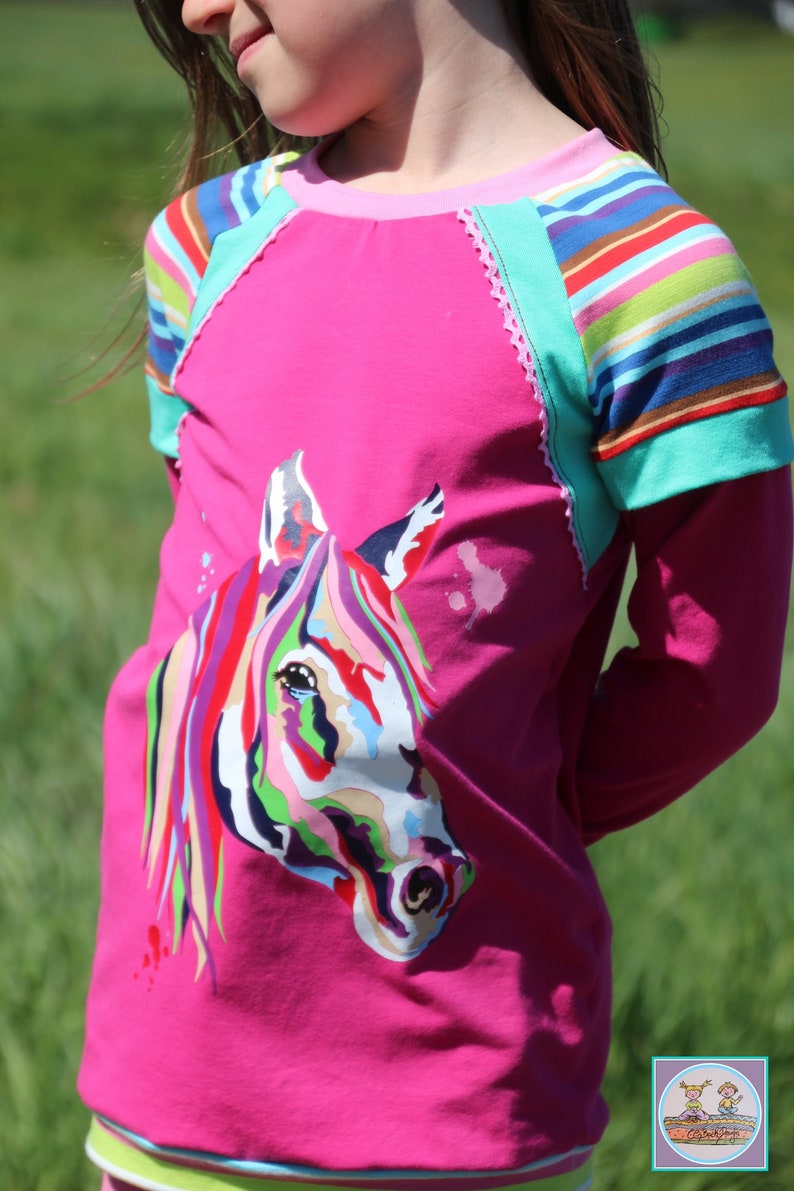 May include: A pink long-sleeved shirt with a colorful horse graphic. The shirt has a striped pattern on the sleeves and a turquoise trim.