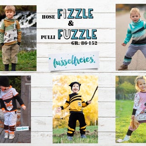 Op de afbeelding: Een collage van vijf afbeeldingen die kinderkledingpatronen laten zien. De afbeeldingen tonen kinderen die verschillende stijlen broeken, shirts en truien dragen. De tekst "HOSE PULLI FIZZLE & FUZZLE GR. 86-152" wordt in het midden van de collage weergegeven.