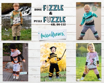 May include: A collage of five images showcasing children's clothing patterns. The images feature children wearing different styles of pants, shirts, and sweaters. The text "HOSE PULLI FIZZLE & FUZZLE GR. 86-152" is displayed in the center of the collage.