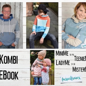 May include: A digital ebook pattern for a hooded sweatshirt with a striped design. The pattern is available in sizes for children, teens, adults, and men. The text on the image reads "KOMBI EBOOK" and "fusselfreies."