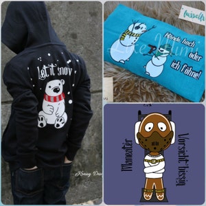 Könnte beinhalten: Drei verschiedene Designs für T-Shirts. Das erste ist ein schwarzer Hoodie mit einem weißen Eisbären und dem Text "Let it snow". Das zweite ist ein türkisfarbenes T-Shirt mit zwei Schneemännern und dem Text "Hände hoch oder ich föhne!" Das dritte ist ein lilafarbenes T-Shirt mit einem Lebkuchenmann in einer Zwangsjacke und dem Text "Maneater Vorsicht bissig!"
