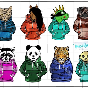 Plotterdatei DXF SVG Hoodie Animals - Dino Waschbär Panda Mops Tiger Erdmännchen Pferd Katze in Hoodies MiniMe und Fuzzle