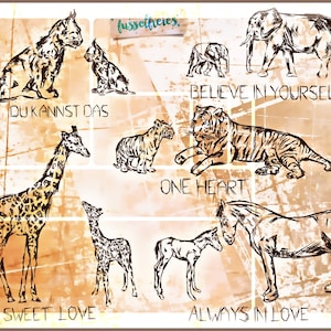 SVG DXF cut file Animal Sketches - Tiger, Elephant, Giraffe, Horse & Lynx by Fusselfreies