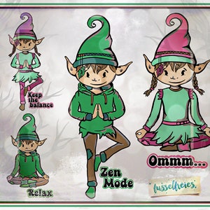 Puede incluir: Cuatro ilustraciones de elfos en varias posturas de yoga. Los elfos visten ropa verde y rosa con sombreros puntiagudos. El texto "Keep the balance", "Relax", "Zen Mode" y "Om..." está incluido en la imagen.