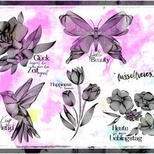 Illusions -  Plotterdatei DXF SVG - Kolibri, Tulpen, Schmetterling, Blumen von Fusselfreies