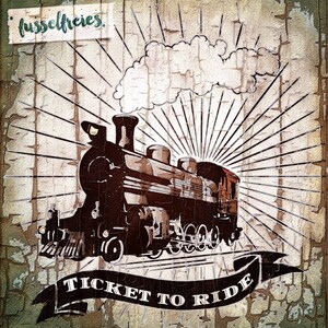 K&ouml;nnte beinhalten: Eine Vintage-Illustration eines Dampfloks mit einem Banner, auf dem "Ticket to Ride" steht. Die Lokomotive ist in Schwarzwei&szlig; dargestellt, mit einem braunen Hintergrund und einer wei&szlig;en Dampfwolke dar&uuml;ber.