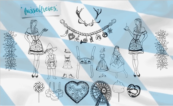 Plotterdatei Serie Oktoberfest Wiesn Dirndl Lebkuchenherz Tracht Geweih Edelweiß Lolli Zuckerwatte Charivari Hosenträger Riesenrad Brezel