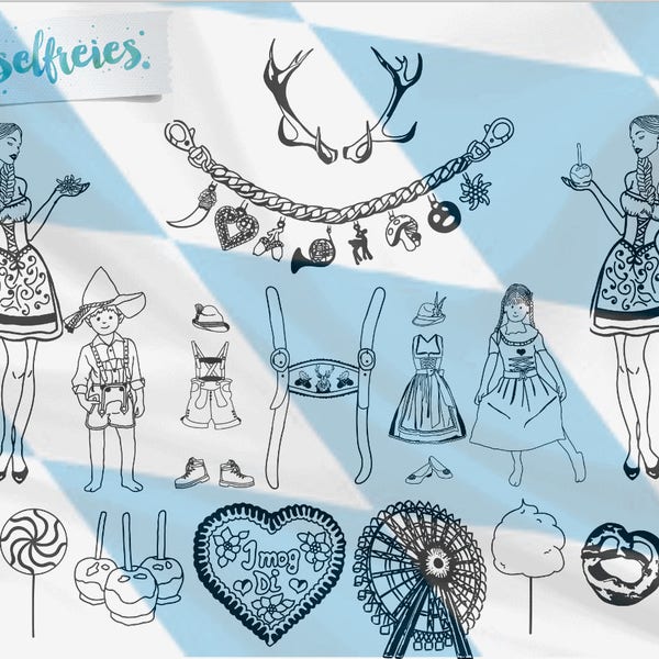 DXF SVG cut file set Oktoberfest Dirndl Pretzel Charivari Braces Edelweiss Mandrake Antlers Gingerbread heart Ferris wheel Lollipop Garb