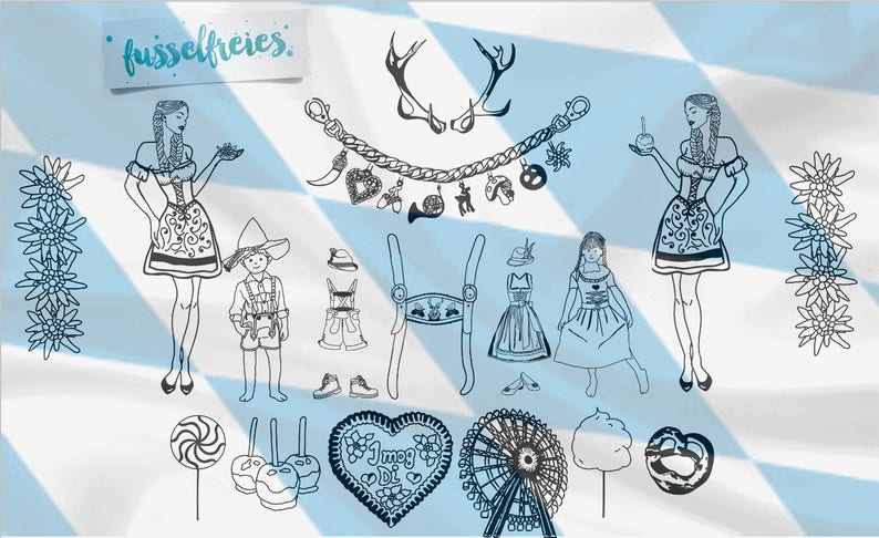 May include: Line art illustration featuring traditional German attire and festive elements. Includes dirndls, lederhosen, a Ferris wheel, and a gingerbread heart. The text "fusselfreies" is at the top.