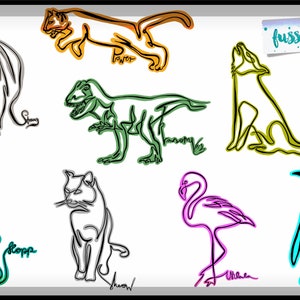 Puede incluir: Una ilustración digital de nueve animales diferentes dibujados en un estilo de línea única. Los animales son un caballo, un gato, un dinosaurio, un zorro, un conejo, un gato, un flamenco, un pingüino y un gato. Cada animal está dibujado en un color diferente, incluyendo verde, azul, naranja, rosa, negro y amarillo. La palabra "frusselfreies" está escrita en la esquina superior derecha de la imagen.