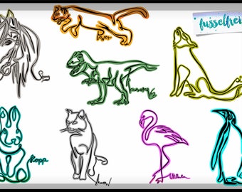 Plotterdatei Serie One Line Animals DXF SVG- Dino, Tyrannosaurus Rex, Wolf, Hase, Flamingo, Puma, Pferd, Katze, Pinguin - Fusselfreies