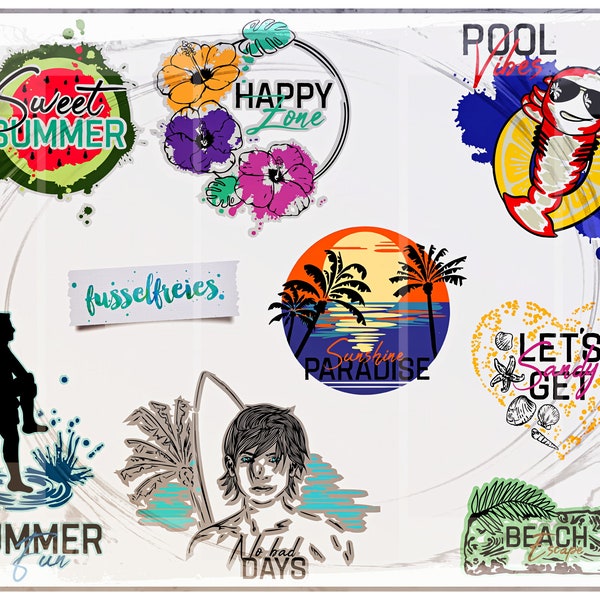 SVG DXF cut file  Aloha Beach 2021 - summer, beach, flipflops, water melon, sun, palm trees, lobster by Fusselfreies