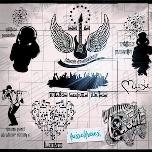 Op de afbeelding: Een zwart-witte digitale illustratie met een muziekthema. Het ontwerp bevat een gitaar met vleugels, een hart met muzieknoten, een menigte mensen, een persoon met een koptelefoon en de tekst "Next Rockstar", "Think Music", "Make Some Noise", "Love" en "fusselfreies".