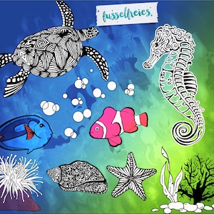 Arquivo plotter "Under the Sea" DXF SVG sem fiapos Cavalo marinho Tartaruga Estrela do mar Onda Anêmona Coral Polvo Concha de peixe anêmona
