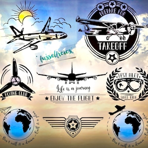 Könnte beinhalten: Eine Sammlung von Schwarzweißillustrationen mit Flugzeugen, einem Globus und Texten zum Thema Fliegen. Der Text beinhaltet "Prepare for Takeoff", "Flying Club", "Life is a journey, Enjoy the Flight", "Best Pilot Since 1986" und "Don't call it a dream, call it a plan".