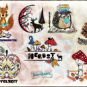 Puede incluir: Una colección de ilustraciones caprichosas con criaturas del bosque y temas otoñales. Incluye una ardilla, ciervos, setas, un erizo leyendo y una manzana con diseños decorativos. El texto incluye "Pützenhüpfer", "Herbst", "Apfelzeit" y "Glücks".