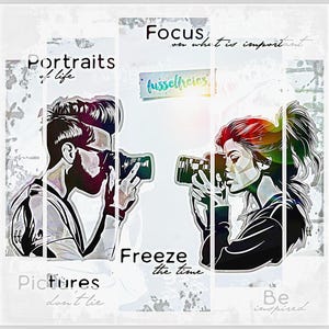 May include: Two people are taking photos with cameras. The text on the image says "Focus on what is important", "Portraits of life", "fusselfreies", "Pictures don't lie", "Freeze the time", and "Be inspired".