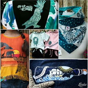 Puede incluir: Un collage de diferentes diseños de telas con una variedad de patrones y colores. Los diseños incluyen un loro, una jirafa, un barco en una botella, una oveja y un signo de paz. Las telas están todas impresas con detalles intrincados y son perfectas para proyectos de manualidades.