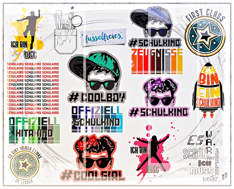 May include: A set of colorful stickers with various designs and text, including "#coolboy", "#coolgirl", "#schulkind", "first class", "ich bin ein schulkind", and "es gibt immer etwas zu lernen".