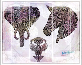 Bohomals "Africa" - Boho Elephant, Boho Zebra, Lint Totem - Plotter File DXF SVG van Lint-Free