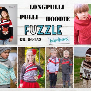 eBook Kids Hoodie Sweater Long Sweater FUZZLE Pattern Unisex Size 86 - 152 for self-printing (A4 and A0 format) without NZ lint-free