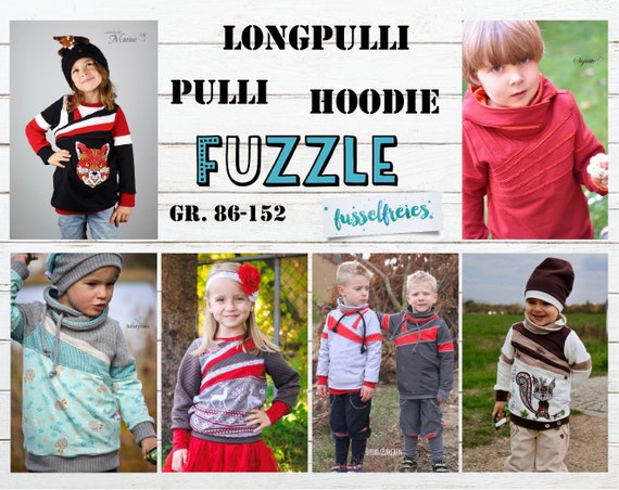 eBook Kinder Hoodie Pulli Longpulli FUZZLE Schnittmuster Unisex Gr. 86 - 152 zum Selbstausdrucken (A4 und A0 Format) ohne NZ Fusselfreies