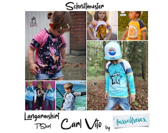 May include: A sewing pattern for a long-sleeve shirt and a short-sleeve t-shirt for children. The pattern is called "Carl Vito" and is by "fusselfreies". The image shows several children wearing different versions of the shirt.