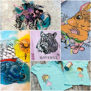 Può includere: Un collage di sei diversi disegni stampati su magliette. I disegni includono una bicicletta con fiori, una tigre, un coniglio, una barca a vela, un sole e due ragazze che parlano al telefono con uno spago.