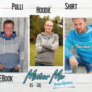 Puede incluir: Tres hombres modelan diferentes estilos de sudaderas: una sudadera de color azul y gris a rayas, una sudadera con capucha gris y una sudadera con capucha azul con el texto "Since 1969". El texto "Mister Me" se muestra debajo de las imágenes, junto con el rango de tallas "XS - 3XL" y la frase "fusselfreies."