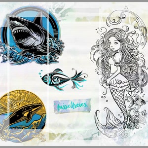 Under The Sea Vol9 Plotterdatei Plottervorlage DXF SVG Weißer Hai, Meerjungfrau, Fantasie Fisch, Wal von Fusselfreies