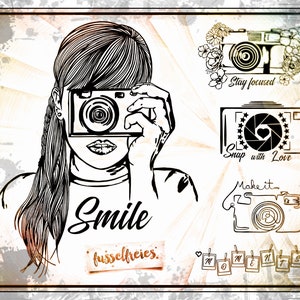 May include: Black and white illustration of a woman taking a selfie with a camera. The text "Smile" is written below the woman. The text "fusselfreies." is written below the woman. The text "Stay focused" is written below a camera illustration. The text "Snap with Love" is written below a camera illustration. The text "Make it" is written above a camera illustration. The text "Moments" is written below a row of small camera illustrations.