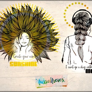Puede incluir: Dos ilustraciones en blanco y negro de una persona con auriculares. La primera ilustración muestra a una persona con un girasol como cabello y el texto "Crea tu propio SOL". La segunda ilustración muestra a una persona de espaldas con el texto "No puedo pasar un día sin MÚSICA".