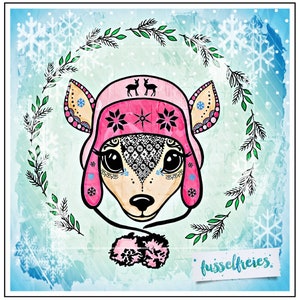 May include: A cartoon deer wearing a pink hat with a black and white snowflake pattern and a pom-pom on the top. The deer has large eyes and a black nose. The background is a blue and white watercolor wash with snowflakes.