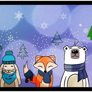K&ouml;nnte beinhalten: Eine winterliche Illustration mit einem Eichh&ouml;rnchen, einem Pinguin, einem Kaninchen, einem Fuchs, einem Eisb&auml;ren, einer Maus und einem Waschb&auml;r, die Schals und M&uuml;tzen tragen. Der Hintergrund ist ein lilafarbener Verlauf mit wei&szlig;en Schneeflocken und gr&uuml;nen Weihnachtsb&auml;umen.