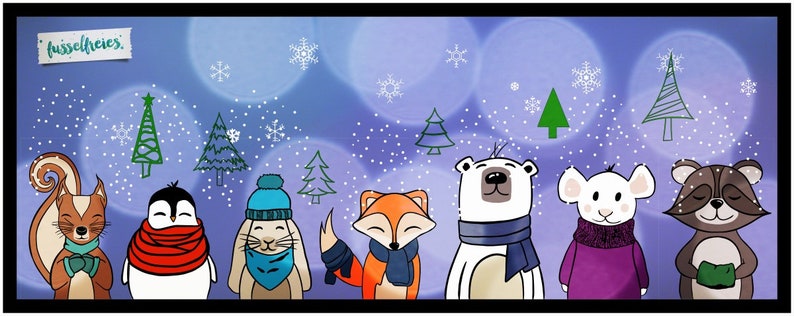 K&ouml;nnte beinhalten: Eine winterliche Illustration mit einem Eichh&ouml;rnchen, einem Pinguin, einem Kaninchen, einem Fuchs, einem Eisb&auml;ren, einer Maus und einem Waschb&auml;r, die Schals und M&uuml;tzen tragen. Der Hintergrund ist ein lilafarbener Verlauf mit wei&szlig;en Schneeflocken und gr&uuml;nen Weihnachtsb&auml;umen.