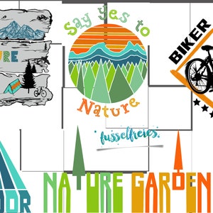 Puede incluir: Un collage de imágenes con un tema de naturaleza. Las imágenes incluyen una escena de montaña, una puesta de sol sobre un bosque, una bicicleta y las palabras "Say yes to Nature" y "Outdoor".