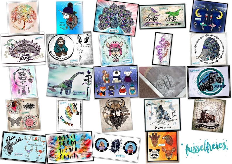 K&ouml;nnte beinhalten: Eine Sammlung von 20 farbenfrohen digitalen Kunstdesigns mit verschiedenen Tieren, Pflanzen und abstrakten Mustern. Die Designs sind in wei&szlig;en Quadraten gerahmt und in einer Collage angeordnet. Der Text "fussselfreies." ist in der rechten unteren Ecke sichtbar.