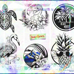 Aloha Beach 2023 Plotterdatei DXF SVG Strand, Sonne, Sommer, Palmen, Ananas, Berge, Meer, Schildkröte, Tucan, Flamingo