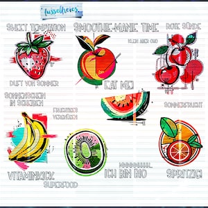 Fruit Splash - Frucht Designs Bananen, Wassermelone, Erdbeeren, Orange, Kirschen, Pfirsich, Kiwi, Früchte Plotterdatei Laserdatei DXF SVG