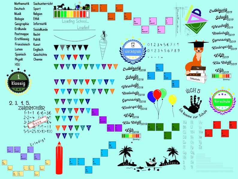 May include: A colorful chart with a blue background and various school-related images and text. The chart includes a list of subjects, a number chart, a handprint, and a fox holding books. The text includes the words "Loading School", "Vorschule", "Schule", "Kindergarten", "Kita", "Gymnasium", "Realschule", "Erstklassig", "1. Klassig", "ZAHLENMONSTER", "HIGH 5", "Ich komme zur Schule", and "Erledigt".
