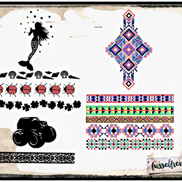 DXF SVG cut file Edgings Vol2 - Ladybug, Clover, Mermaid, Monstertruck, Seashell, Tire tracks by Fusselfreies