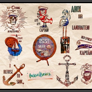 SVG DXF cut file Maritim Vol5 Fusselfreies Anchor, Lobster, Seagull, Sailing ship, Captain, Shells, skull