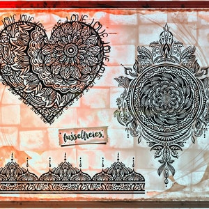 May include: Black and white mandala designs on a textured background. The image features a heart-shaped mandala with the word "LOVE" around the edge, a circular mandala, and a decorative border. The text "fusselfreies" is also present.