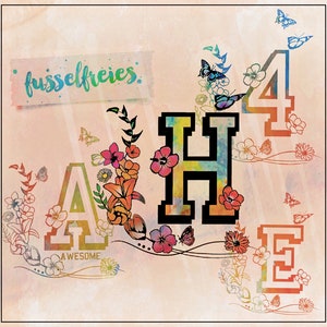 Plotterdatei DXF SVG College Buchstaben Alphabet ABC mit Blüten und Schmetterlingen von Fusselfreies