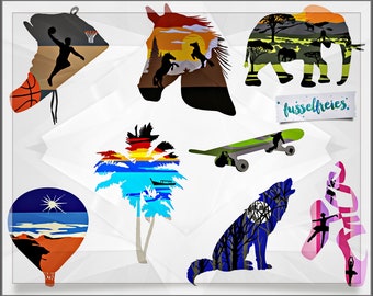SVG DXF cut file Silhouette Windows - horse, elefant, baskeball, skateboard, palm tree, balloon, ballet, wolf by Fusselfreies
