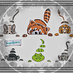 May include: A digital illustration of various animals peeking over a white surface. The animals include a red panda, a cat, a lion, a monkey, a lemur, and an alligator. The text "fussselfreies." is written on a white banner.